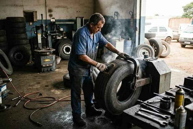 Processo de vulcanização de pneus com técnico.