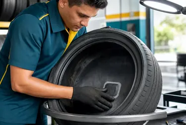 Técnico realizando conserto de pneus em uma borracharia.