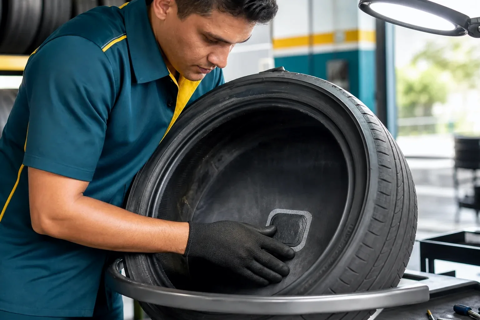 Técnico realizando conserto de pneus em uma borracharia.