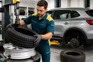Técnico realizando troca de pneus em uma borracharia.