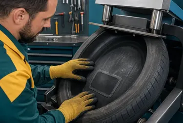 Técnico realizando vulcanização em um pneu.