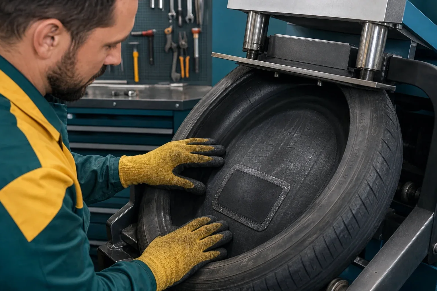 Técnico realizando vulcanização em um pneu.